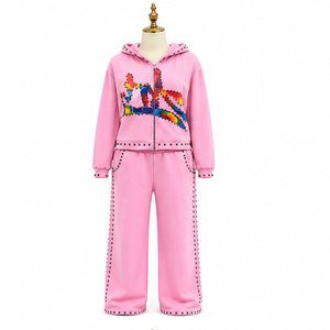 Pink <b>Y2K</b> <b>Tracksuit</b> Set With Rhinestone Letter Logo Hooded Zipper Sweatshirt And Full Length Pants For Women Autumn Wear - Product Image 1