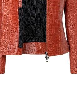 Chaqueta Bomber Corta de Cuero Genuino con Estampado de Cocodrilo Rojo Intenso para Mujer, Prenda Exterior Moderna, MOQ Bajo, Logotipo Personalizado - Product Image 4