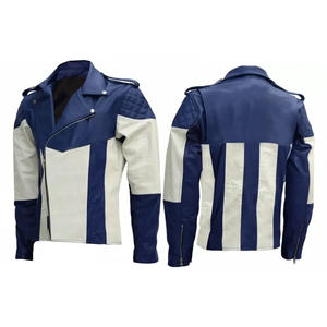 Blouson de moto en cuir pour homme, bleu et blanc, à blocs de couleur, manches longues, coupe-vent, toutes saisons - Product Image 5
