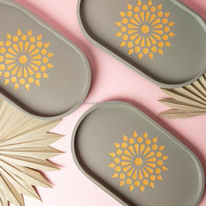 Home Decorative Grey & Gold Printed Design MDF Wood Oval Serving <b>Trays</b> Hand Crafted Wooden Hand Painted Decorative Serving <b>Tray</b> - Product Image 3