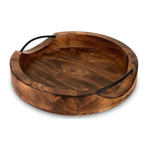 Plateau de service artisanal en bois de manguier avec poignées métalliques, plateau en bois écologique pour la maison, l'hôtel, la cuisine et les restaurants - Product Image 6