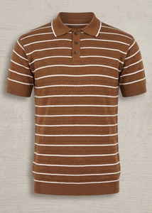 Camiseta polo a rayas marrones para hombre, mezcla de algodón, tejido de punto, manga corta, ropa informal de verano - Product Image 5