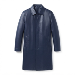 Manteau long en cuir véritable pour homme avec col en fourrure, trench-coat à simple boutonnage, vêtement d'extérieur épais et chaud - Product Image 2