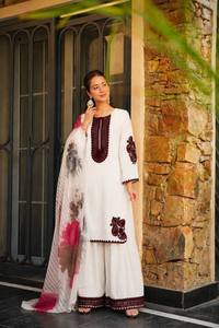 Ensemble indien pakistanais brodé blanc, kurta à manches longues, palazzo imprimé, dupatta, tenue traditionnelle pour femmes - Product Image 2