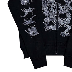 Sweat-shirt à capuche zippé noir surdimensionné pour homme, imprimé dragon en strass, streetwear, tissu tricoté, manches régulières, automne - Product Image 4