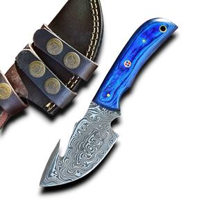 Cuchillo Skinner de Hoja Fija de Acero de Damasco Personalizado al por Mayor con Mango Estabilizado Azul, OEM ODM, para Caza, Camping, EDC, con Funda de Cuero - Product Image 1