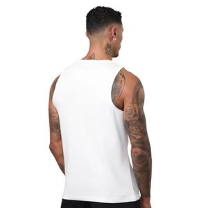 Mens White Ribbed Gym Tank Top Sleeveless O-Neck Printed <b>Athletic</b> Workout Shirt Fitness Training Sportswear Apparel - Product Image 2