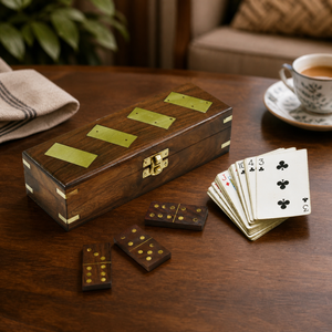 Handmade Indian Rosewood Dominoes Box with 28 Dominoes | Brass Inlay Wooden Storage Case | Luxury Game Gift Set Organizer - Product Image 3