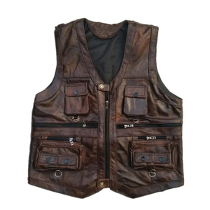 Cowhide Leather Vest Men <b>Brown</b> Waistcoat Male Sleeveless <b>Jacket</b> Thick High Quality Motorcycle Vest Multi Pocket Zipper - Product Image 1