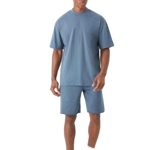 High Quality O-Neck T-<b>Shirts</b> And Shorts Summer Set For <b>Men</b> 100% Cotton <b>Fleece</b> Acid Wash Short Sets Breathable Solid Pattern - Product Image 1