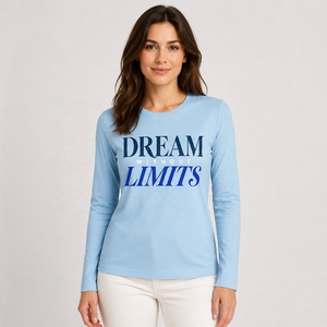 เสื้อยืดแขนยาวสีฟ้าอ่อนสำหรับผู้หญิง พิมพ์ลาย Dream Without Limits คอกลม ลำลอง ผ้าถัก 100% คอตตอน ระบายอากาศได้ดี แขนยาวเต็มตัว - Product Image 1