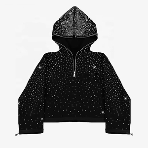 Sweat à capuche zippé mi-long pour homme en molleton bouclette 380-500 g/m² avec strass, coupe ample, personnalisable avec logos sur mesure, style streetwear - Product Image 4