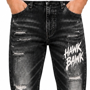 Jean en denim extensible pour homme, coupe droite, déchiré, poches robustes, coutures renforcées, en coton, imprimé lettres, noir, décontracté, pour l'automne - Product Image 4