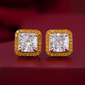 4.17 CT Yellow Cushion Lab Grown Diamond Halo Stud <b>Earrings</b> in 14K Two-Tone Gold Fine Stud <b>Earrings</b> - Product Image 1