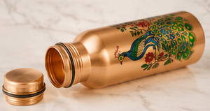 <b>Copper</b> Water Bottle With Peacock Design <b>Screw</b>-On Lid Reusable Metal Bottle For Outdoor Hiking Camping Travel - Product Image 2