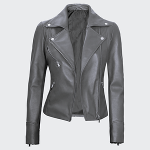 Women's Genuine Leather Moto <b>Jacket</b> Stand Collar Full Sleeve Zipper Closure Autumn Solid Color <b>Biker</b> <b>Jacket</b> - Product Image 3