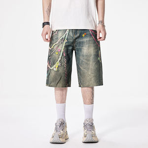 Shorts en jean déchiré pour homme, coupe droite, taille mi-haute, broderies, fermetures éclair, style streetwear, été, tissu en coton tissé, lavable - Product Image 4