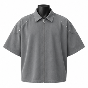 Chemise de travail utilitaire décontractée pour homme, grise, à manches courtes, zippée, en sergé, 100 % coton biologique, printemps, personnalisable OEM ODM - Product Image 1