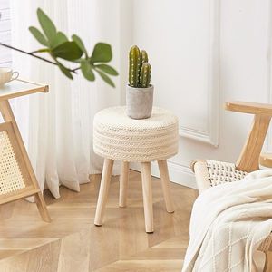 Natural Seagrass Ottoman Footstool with Solid Wood Legs Handwoven Hyacinth Footrest Step Stool - Product Image 2
