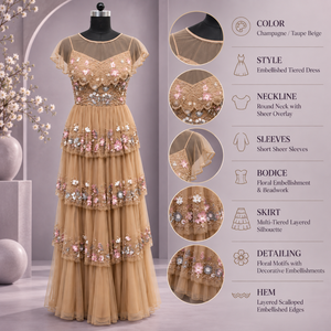 Robe à volants ornée de fleurs |   Robe de soirée longue à col rond et manches courtes, coupe trapèze, avec superposition transparente, pour mariage ou soirée - Product Image 5