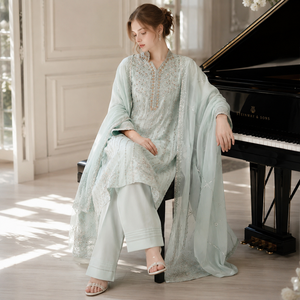 Women's <b>Mint</b> Green Premium Chiffon Formal 3-Piece Salwar Kameez Set Hand Embellishment Wrinkle-Free All Seasons Pakistan Indian - Product Image 1