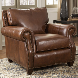 Fauteuil de loisirs en cuir véritable de style Mid-Century Modern avec accoudoirs roulés, garniture cloutée et rembourrage en mousse haute densité pour salon et hôtel - Product Image 1
