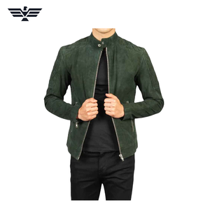 Men's Green Suede Bomber Jacket Stand Collar Zipper Closure Slim Fit Autumn Waterproof <b>Fur</b> <b>Trim</b> Regular Length - Product Image 4