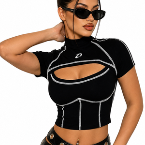 OEM Custom Women Mock Neck Cutout Crop <b>Top</b> Premium Stretch Performance Fashion Tee OEM Private Label Women's Shirts Manufacturer - Product Image 1