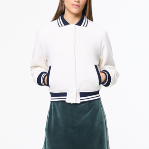 <b>Women</b> Varsity <b>Jacket</b> White <b>Navy</b> Contrast Trim Full Sleeve Turn-down Collar Single Breasted Woven Polyester Autumn Wear - Product Image 1