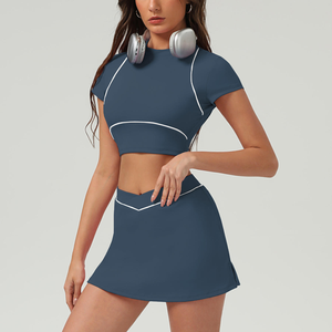 Ensembles de sport doux et unis pour femmes, tenues de yoga 2 pièces, vêtements de gym, ensemble crop top et jupe, leggings taille haute, pantalon de survêtement large - Product Image 3