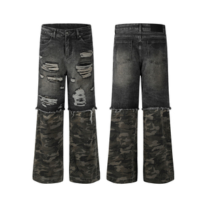 Jeans déchirés pour hommes style Hip Hop, coupe large, patchwork camouflage, denim délavé avec trous, vente en gros - Product Image 3