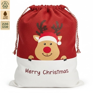 Sac de Noël en coton lurex avec cordon de serrage, motif renne rouge, sac cadeau personnalisé avec logo, 38x60cm, vente en gros, fabricant OEM, marque privée - Product Image 1