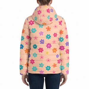 Women's Colorful Floral <b>Belted</b> Puffer Jacket Hooded Quilted Winter Coat Sublimation Warm Padded Outdoor Casual Fashion Outerwear - Product Image 2