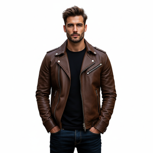 Blouson moto en cuir de vachette marron pour homme, fermeture éclair, col rabattable, coupe ajustée, couleur unie, pour l'automne, coupe classique - Product Image 6