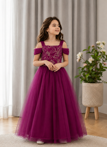 Vestido de Princesa de Gasa Bordado para Niñas, Vestido de Fiesta de Cumpleaños, Boda, con Hombros Descubiertos - Product Image 1