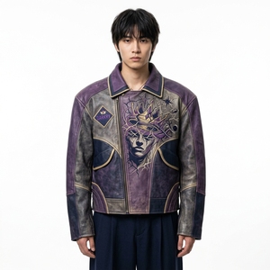 เสื้อแจ็คเก็ตหนังสีม่วงสำหรับผู้ชาย สไตล์ไบค์เกอร์ ลายกราฟิกมงกุฎสายฟ้า ปักลาย คอปกพับได้ เสื้อนอก - Product Image 1