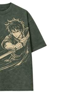 Camiseta Gráfica de Anime Samurai Verde Oscuro para Hombre, Algodón, Estilo Urbano, Estampada, Informal, de Verano, con Logotipo Personalizado, Fabricante OEM - Product Image 4