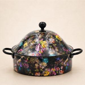 Casserole vintage en acier inoxydable émaillé à motif floral, chauffe-plat de luxe isotherme, plat de présentation pour desserts, idéal pour l'hôtellerie - Product Image 1