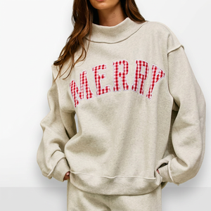 Sweat-shirt oversize tendance pour femme avec col montant, motif à carreaux rouges et logo appliqué sur le devant, pull en coton mélangé tricoté pour l'hiver - Product Image 1
