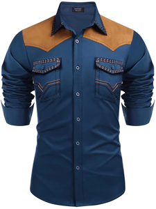 Camisa occidental negra para hombre con puños de gamuza marrón y bolsillos bordados en rojo, manga larga, estilo casual, estilo otoñal - Product Image 4
