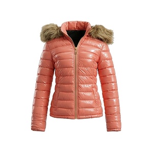 Chaqueta Acolchada con Capucha para Mujer, Abrigo de Invierno con Ribete de Piel, Cierre de Cremallera en Manga Larga, Resistente al Viento, Exterior de Poliéster, Color Rosa - Product Image 1