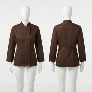 Chaqueta de Chef para Mujer, 65% Poliéster, 35% Algodón, Sarga de 240 GSM, Marrón, Doble Botonadura, Bordado Personalizado, Etiqueta Tejida, OEM - Product Image 1