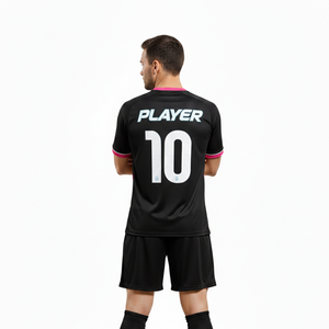 Uniforme de Fútbol de Invierno con Diseño Personalizado, Conjunto de Camiseta y Pantalones Cortos con Logotipo Frontal en Negro y Rosa, Calidad Premium - Product Image 3