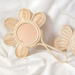 Natural wood hand held <b>mirrors</b> factory price flower rattan handle <b>mirror</b> nursery accessories - Product Image 4