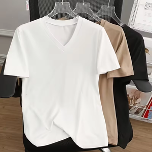 Camiseta de Manga Corta con Cuello en V para Mujer, Color Sólido, Corte Holgado, Informal, Transpirable, de Algodón Jersey, para Todas las Temporadas - Product Image 1