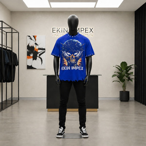 Camiseta Personalizada Extra Grande con Gráfico de Calavera Azul para Hombre, Estilo Urbano, de Algodón, con Mangas con Remaches y Dobladillo Desgastado - Product Image 3
