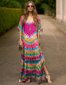 Vestido maxi tie-dye para mujer, cuello redondo, manga corta, corte holgado, estilo bohemio, ropa de playa de verano, material de rayón, dobladillo con abertura - Product Image 2