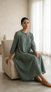 Sage Green <b>Linen</b> <b>Maxi</b> <b>Dress</b> Crew Neck Three Quarter Sleeves For Women Featuring Lightweight Fabric Modern Style Comfortable Fit - Product Image 4