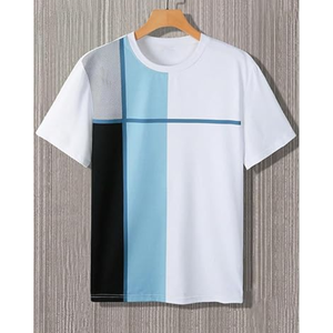 เสื้อยืดคอกลมแขนสั้นผู้ชายปี 2026 ทรงปกติ ผ้าถัก ลายเรขาคณิตสีสันตัดกัน สวมใส่สบาย สีขาว เขียว ดำ - Product Image 5