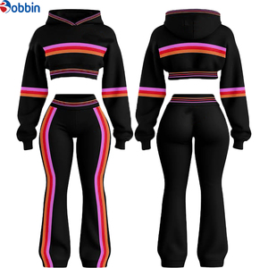 Conjunto de Sudadera con Capucha Estilo Urbano para Mujer, Chándal con Franja Lateral de Arcoíris, Sudadera Corta con Capucha y Pantalones Deportivos con Contraste - Product Image 6